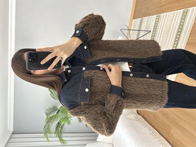 Denim Detaylı Kahve Rengi Yün Ceket 