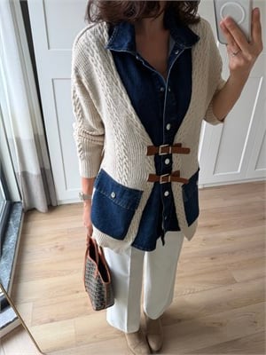 Denim Detaylı Kemerli Tasarım Hırka