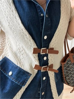 Denim Detaylı Kemerli Tasarım Hırka