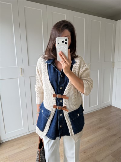 Denim Detaylı Kemerli Tasarım Hırka