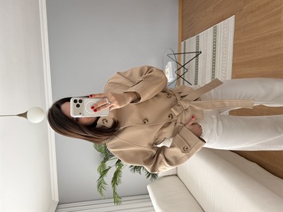 Dik Yaka Kuşaklı Camel Rengi Ceket