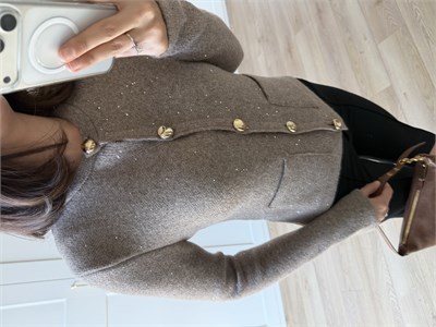 Dilvin Silver Düğmeli Vizon Rengi Pullu Hırka