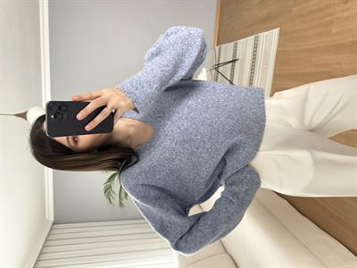 Dilvin Yün Karışımlı V Yaka Mavi Kazak