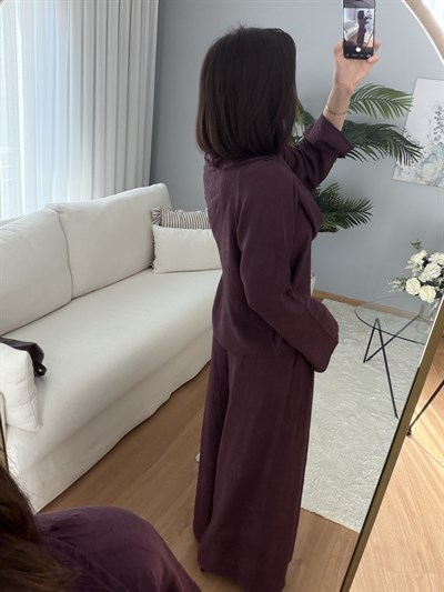 Degaje Yaka Pantolonlu Bordo Takım
