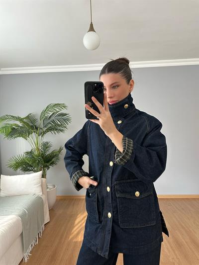 Ekose Detaylı Denim Ceket 