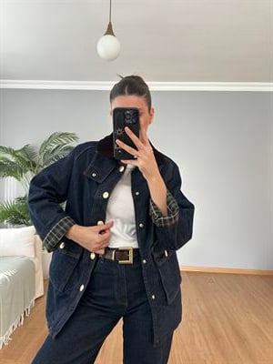 Ekose Detaylı Denim Ceket 