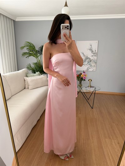 Esencia Pembe Renk Saten Dokulu Fularlı Elbise 