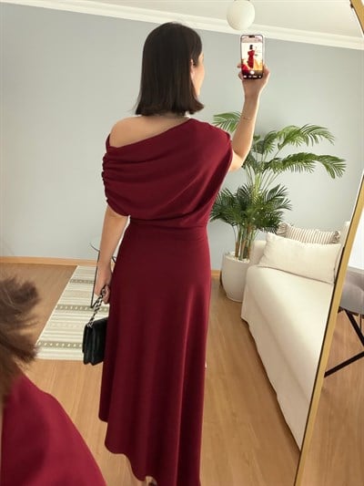 Evienne Kayık Yaka Bordo Renk Elbise