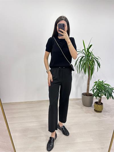FERIA BELİ LASTİKLİ RAHAT KESİM SİYAH PANTOLON 
