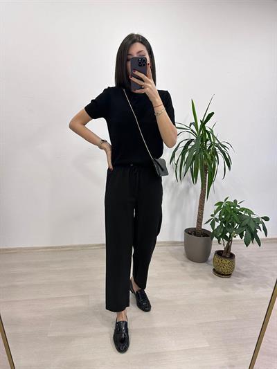 FERIA BELİ LASTİKLİ RAHAT KESİM SİYAH PANTOLON 