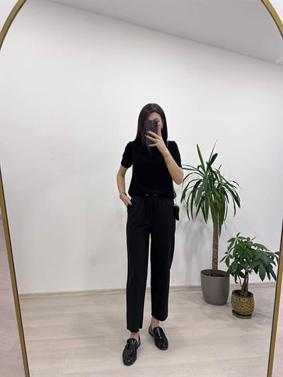 FERIA BELİ LASTİKLİ RAHAT KESİM SİYAH PANTOLON 