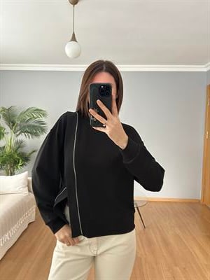 Fermuar Aksesuarlı Siyah Sweatshirt