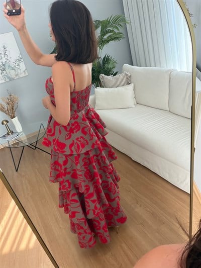 Floral Kırmızı Desenli Elbise 