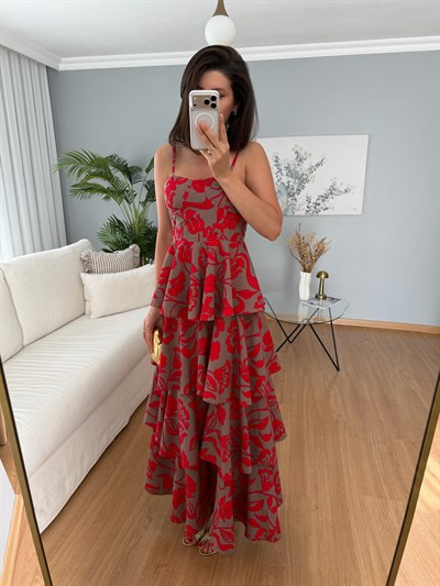 Floral Kırmızı Desenli Elbise 