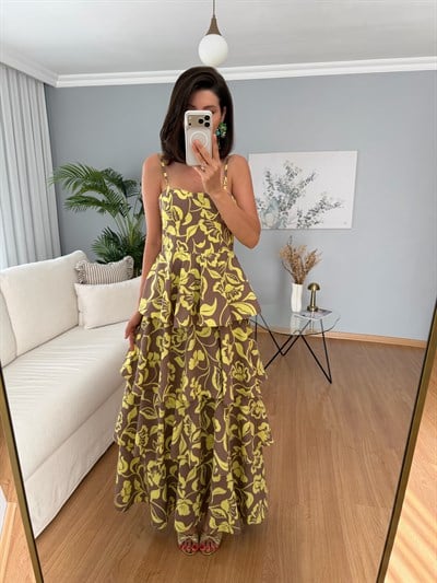 Floral Sarı Desenli Elbise 