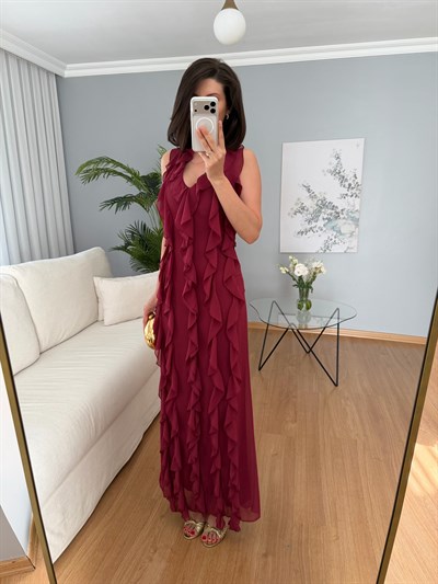 Fuego Bordo Renk Fırfır Elbise