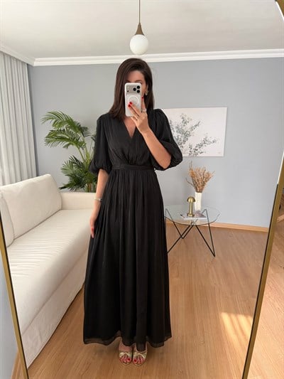 Gia İthal Kumaş Siyah Renk Maxi Elbise 