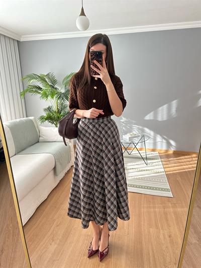 Gri Kahve Ekose Desenli Etek