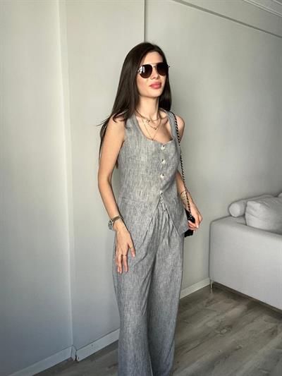 Gri Önü Özel Kesimli Yelekli Pantolon Takım 