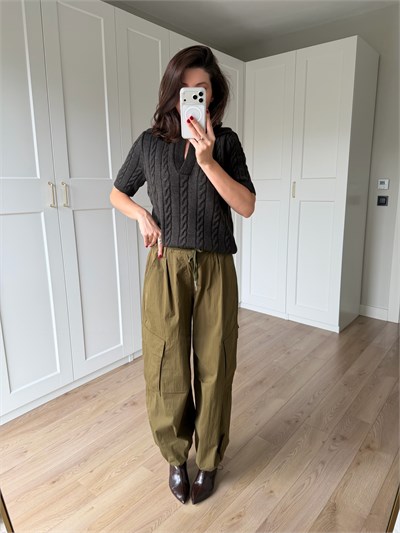 Haki Renk Beli Lastikli Kargo Pantolon 