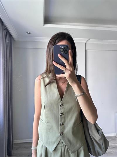 Haki Şortlu Yelekli Keten Takım 