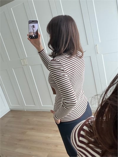 Kahve Beyaz Çizgili Triko Hırka