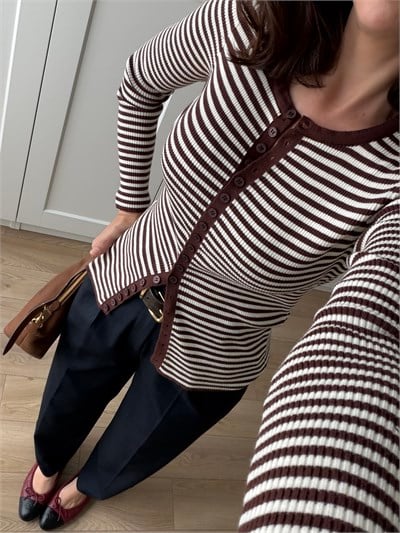 Kahve Beyaz Çizgili Triko Hırka