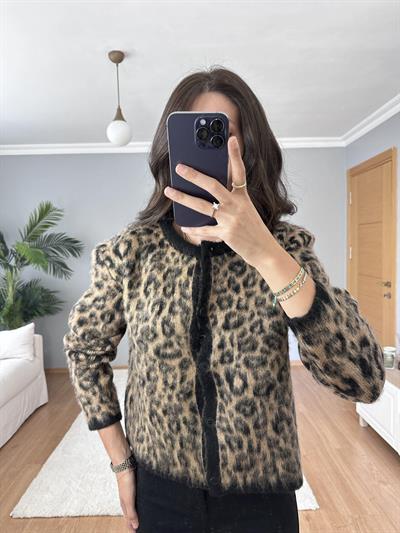 Kahve Leopar Desenli Yün Hırka 