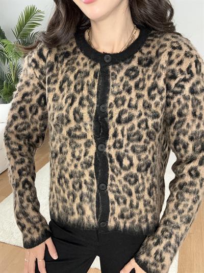 Kahve Leopar Desenli Yün Hırka 