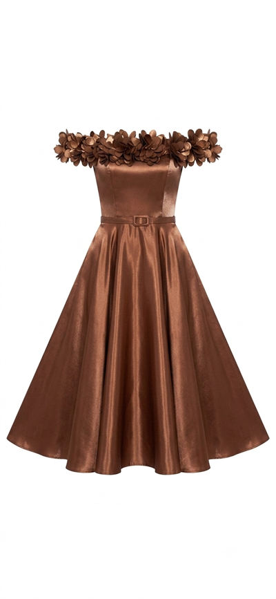 Kahve Rengi Blossom Satin Midi Elbise 
