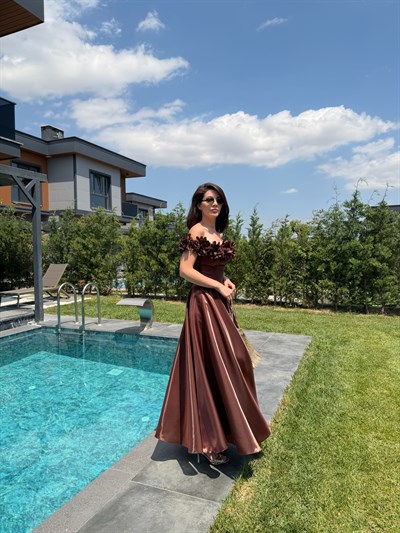 Kahve Rengi Blossom Satin Midi Elbise 