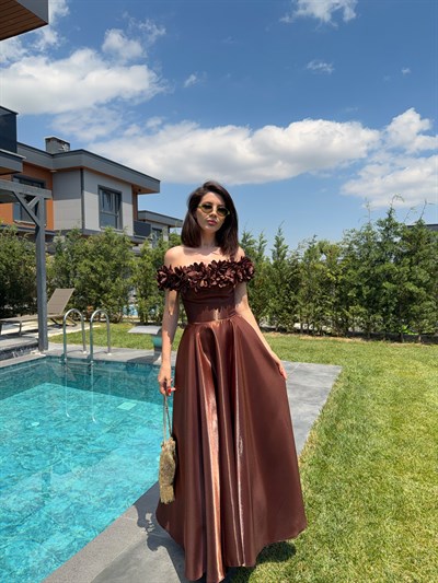 Kahve Rengi Blossom Satin Midi Elbise 