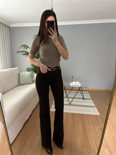 Kahve Rengi Straight Flare Kemerli Pantolon