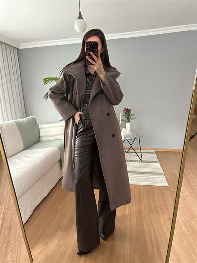 Kaşe Dokulu Dik Yaka Vizon Kaban