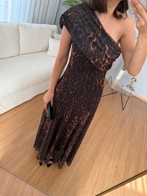 Kayık Yaka Leopar Desenli Elbise