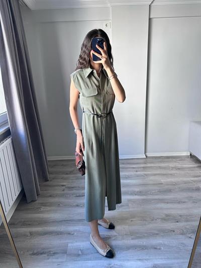 Kemer Detaylı Tencel Haki Elbise 