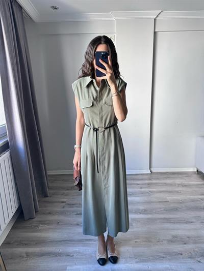 Kemer Detaylı Tencel Haki Elbise 
