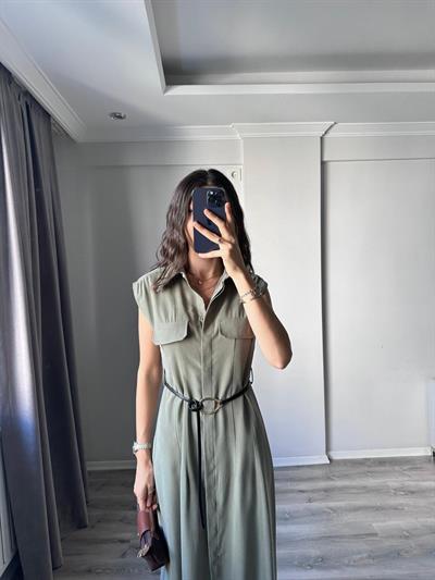 Kemer Detaylı Tencel Haki Elbise 