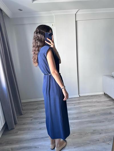 Kemer Detaylı Tencel Lacivert Elbise 