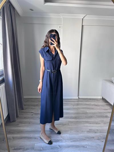 Kemer Detaylı Tencel Lacivert Elbise 