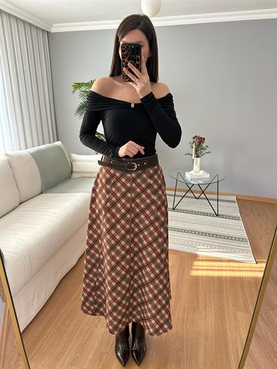 Kemerli Açık Kahve Kloş Etek