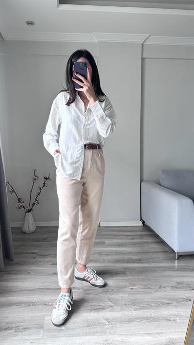 Kemerli Bej Pantolon 