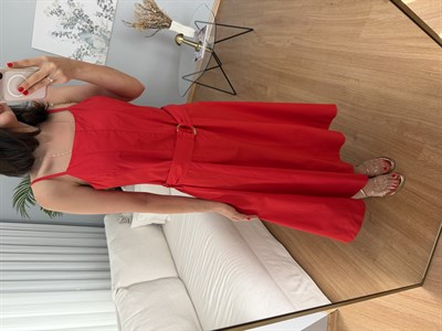 Kemerli Kırmızı Renk Poplin Elbise