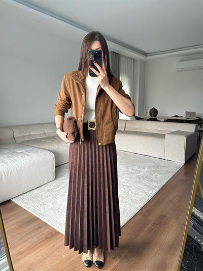 Kemerli Pileli Süet Etek