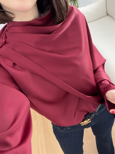 Kendinden Şallı Bordo Saten Bluz