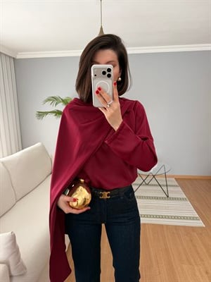 Kendinden Şallı Bordo Saten Bluz