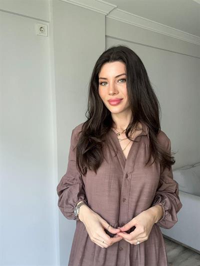 Keten Dokulu Kahve Rengi Elbise 