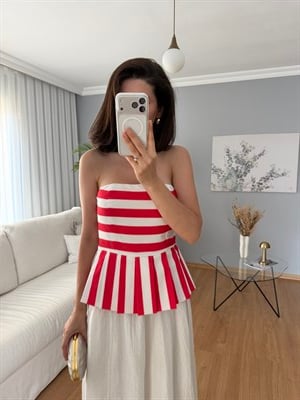 Kırmızı Çizgili Straplez Bluz