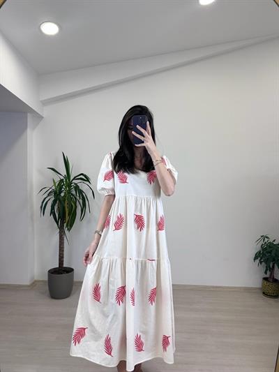 Kırmızı Desenli Maxi Elbise 