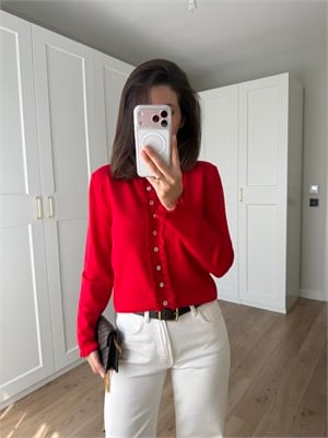 Kırmızı Renk Yumuşak Fırfır Detaylı Triko Hırka 